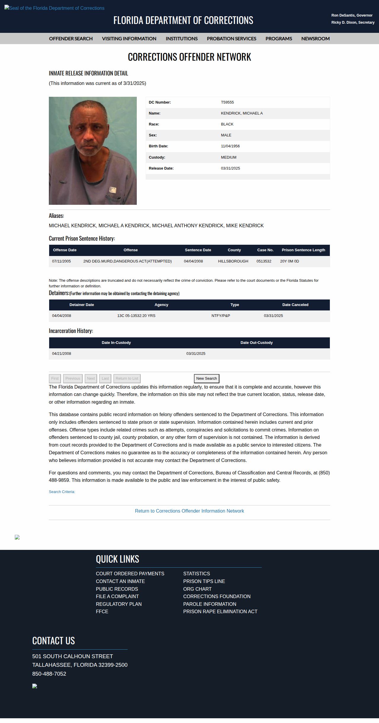FDC released record for Walton Correctional Institution release research