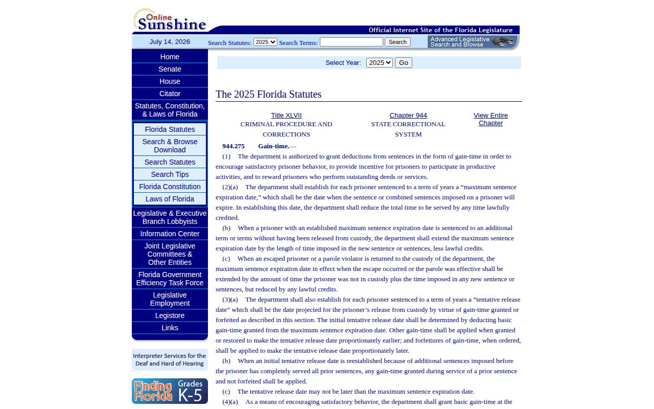 Florida law for Walton County state-prison release dates