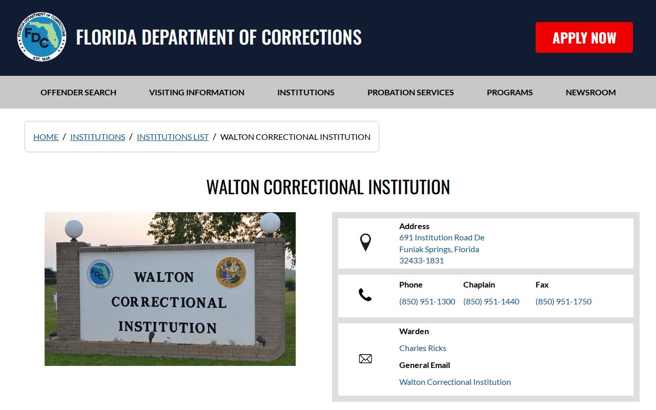 FDC listing for Walton Work Camp satellite and release contact