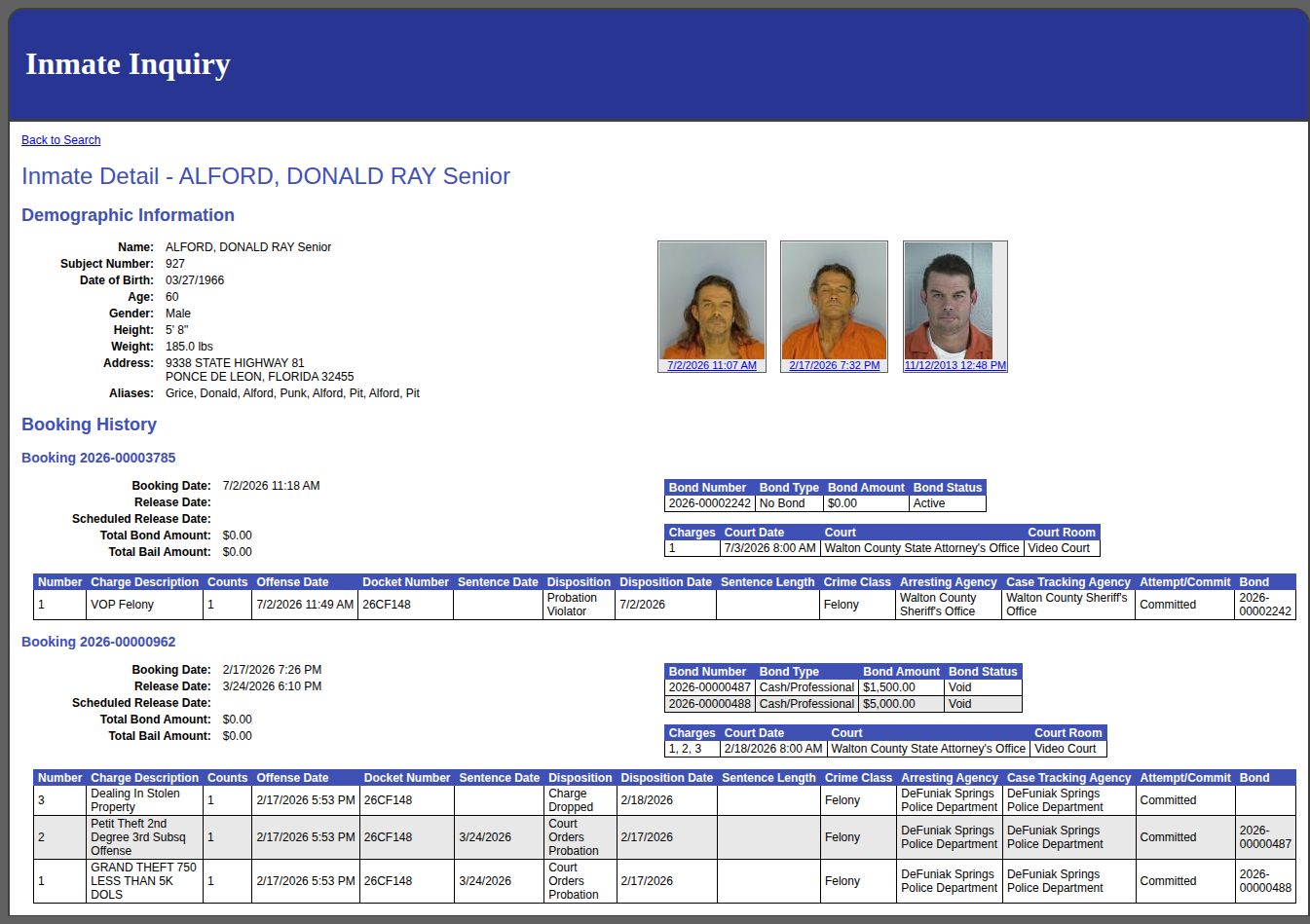 Walton County Jail booking history with release date